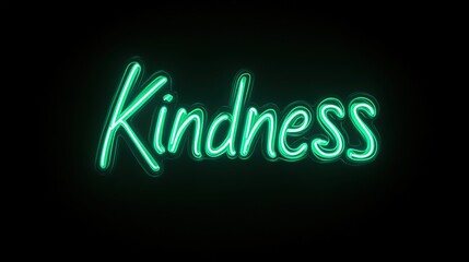 Obraz premium A glowing neon sign proclaims Kindness, its verdant light captivating against the deep expanse of the night. The image inspires the purest form of empathetic warmth. Stock Image.