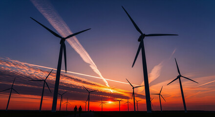 Obraz premium A powerful landscape shot of wind turbines at sunset, with silhouetted figures highlighting scale and progress.