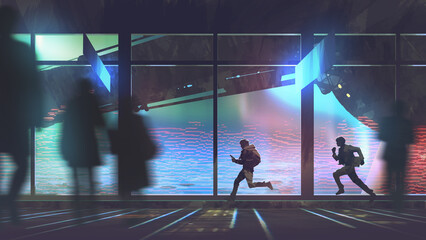 Two passengers sprint toward a glowing sci-fi transport gate while others walk calmly through the futuristic terminal, digital art style, illustration painting