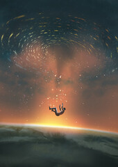 A man floats helplessly in space above a glowing planet as a swirling cosmic vortex pulls light and matter inward, digital art style, illustration painting