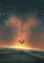 Fotobehang Fashion Lips A man floats helplessly in space above a glowing planet as a swirling cosmic vortex pulls light and matter inward, digital art style, illustration painting  © grandfailure