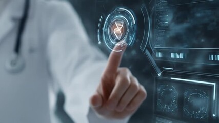 A medical professional interacts with a futuristic DNA-focused holographic interface, showcasing advanced technology in a healthcare setting. - Powered by Adobe