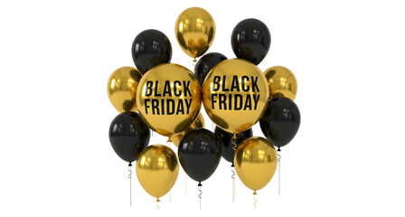 Black friday sale balloons gold and black promotional image on transparent background
