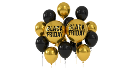 Black friday sale balloons gold and black promotional image on transparent background