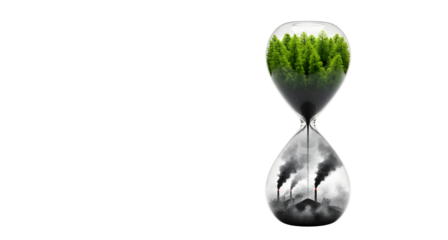 Climate change hourglass showing deforestation and pollution time on transparent background