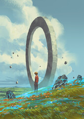 A young boy stands alone on a grassy hill gazing at a massive floating stone ring surrounded by glowing terrain, digital art style, illustration painting