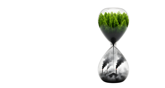 Climate change hourglass showing deforestation and pollution time on transparent background