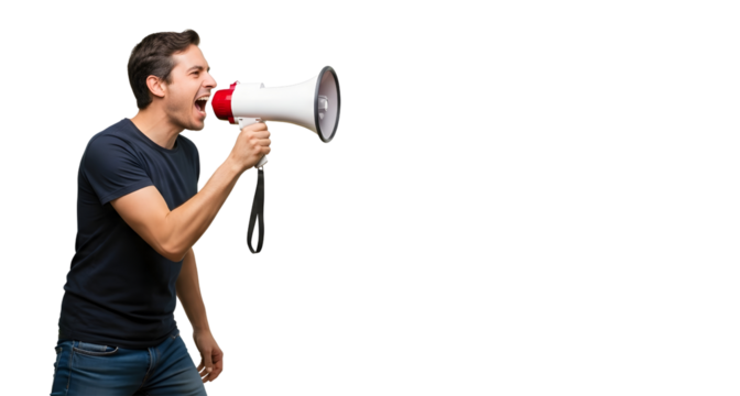 Man shouting into megaphone announcement public speaking voice on transparent background
