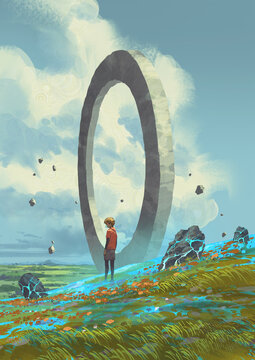 Fototapeta A young boy stands alone on a grassy hill gazing at a massive floating stone ring surrounded by glowing terrain, digital art style, illustration painting