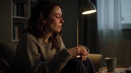 lonely woman with depression and lonely looking away in a dark room with a lamp on her side at night video 4k