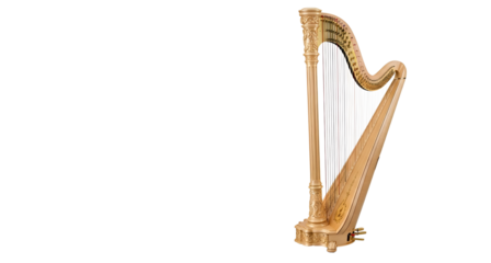 Golden concert harp professional instrument for orchestral music on transparent background
