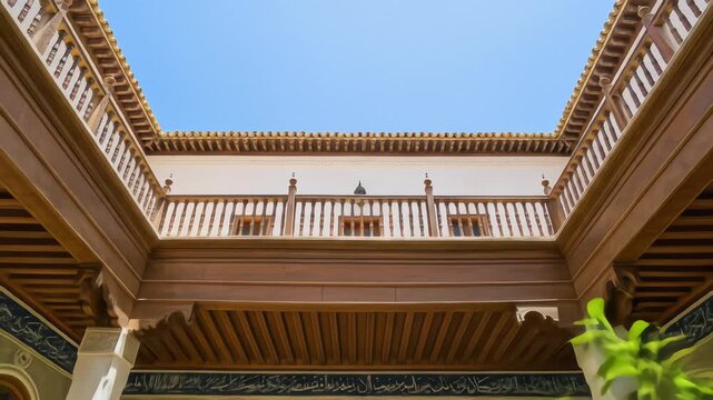 Tilting up through orange trees in a serene, traditional courtyard, revealing ornate tilework, a fountain, and a wooden balcony