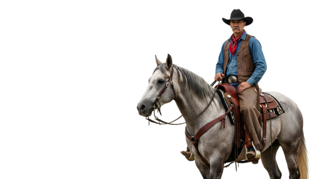 Stock image of cowboy riding horse western lifestyle outdoors on transparent background