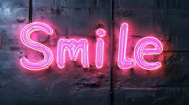 A glowing neon sign radiates positivity, illuminating the word Smile in vibrant pink against a darkened backdrop, creating an atmosphere of cheerfulness and good vibes. Stock Image, HD Quality