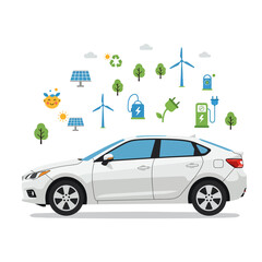 Naklejka premium Drive into a greener future with this electric car, powered by solar panels and wind energy, embracing sustainability and eco-friendly transportation solutions