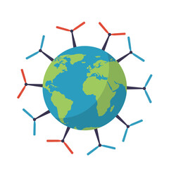 Naklejka premium Sustainable world energy solution featuring turbines around Earth, clean energy concept for global future, powering planet with wind power, renewable earth
