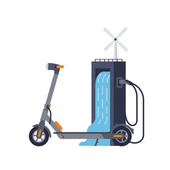 Clean energy fuels the future showcasing sustainable electric scooter charging at a wind powered station for a greener world concept of renewable resources