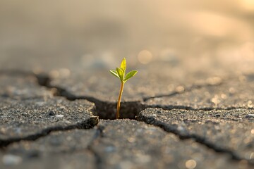 Fototapeta premium Small Plant Growing on Cracked Dry Soil as Symbol of Hope