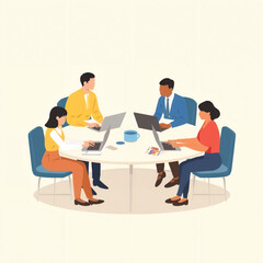Vector art of four people sitting around a round table working on laptops