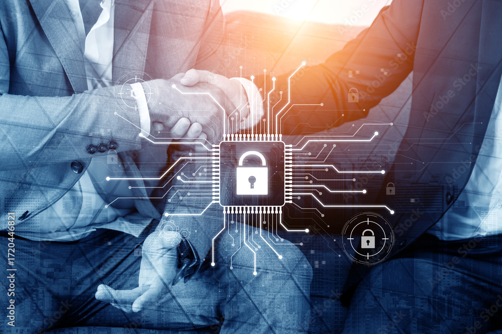 Poster cyber security system protecting digital infrastructure. cyber security ensures data safety, prevent