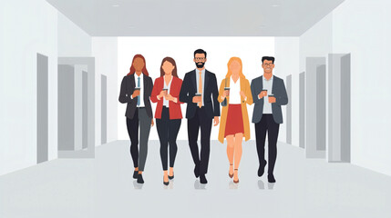 Vector art of diverse group of five business people walking down a modern hallway