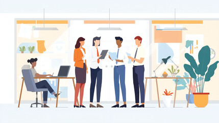 Vector art of business people in a modern office discussing work documents