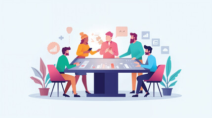 Vector art of creative team brainstorming with technology and plants
