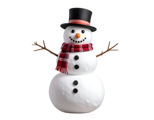 A cheerful snowman wearing a black top hat and a red scarf, standing proudly against a dark backdrop.