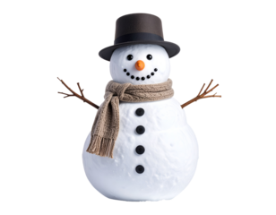 A cheerful snowman adorned with a hat, scarf, and buttons, capturing the essence of winter festivities and joy.