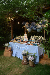 outdoor dessert table with cake flowers and balloons, elegant wedding or birthday celebration setup, festive candy bar with blue and white theme, garden party decoration with cake and sweets