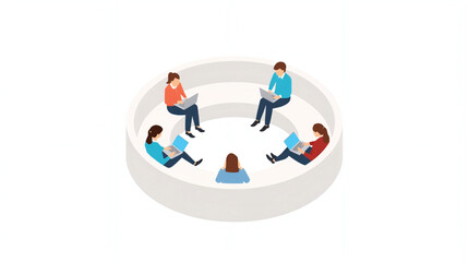 Vector art of people working on laptop computer in a circular meeting space
