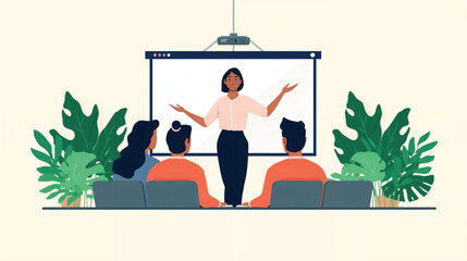 Vector art of woman presenting to an audience in a modern office setting