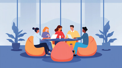 Vector art of diverse team collaborating in a modern office with beanbag chairs