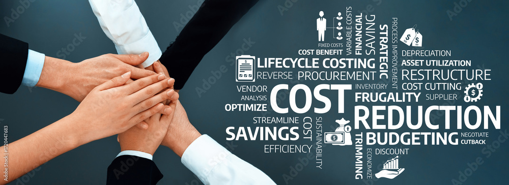 Poster this image illustrates teamwork and collaboration focused on cost reduction strategies, emphasizing 