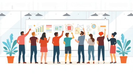 Vector art of diverse group of professionals analyzing charts and data on a whiteboard
