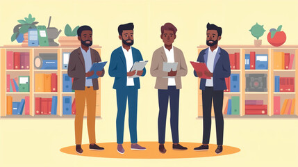 Vector art of four men in an office environment with bookshelves behind them