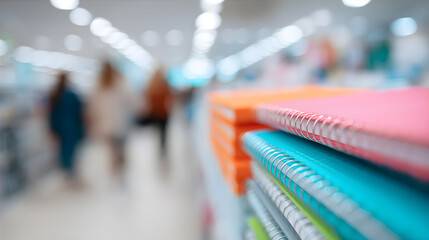Coil bound notebook stack on shelf in blurred store. Stationery for school and office. Back to school shopping concept.