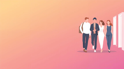 Vector art of diverse group of people walking together in a modern hallway