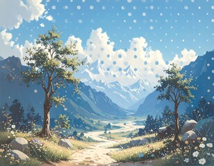 Scenic mountain valley landscape with flowers, trees, and path