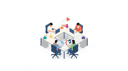 Vector art of four people working together at a square table