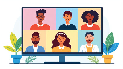Vector art of diverse group of people in a video conference call on a computer screen