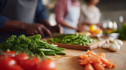 Man and woman preparing healthy meal in kitchen. Fresh vegetable ingredients on wooden table. Cooking and nutrition concept.
