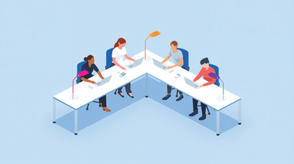 Vector art of four individuals working on laptops at a corner desk in an office