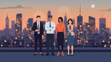 Vector art of business professionals standing on a rooftop with city skyline at dusk