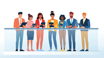 Vector art of diverse group of professionals holding tablets