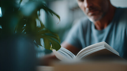 Man reading a book. Casual guy enjoying leisure time at home. Focus on open book pages with blurry background plant.