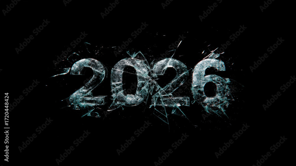 Poster shattered glass forms year 2026, creating striking visual effect against black background. fragmente