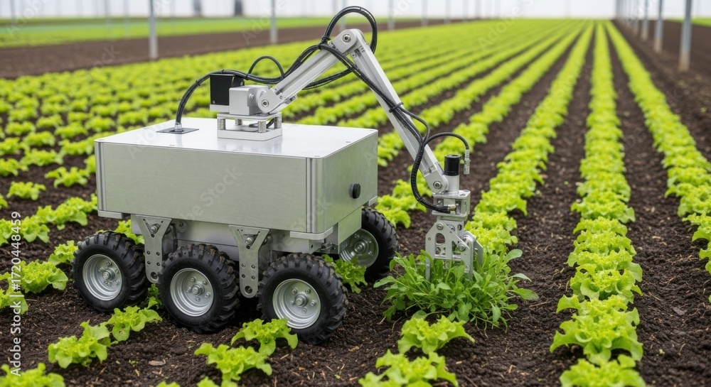 Poster medium shot of automated farming helper skillfully weeding rows between crops in controlled farmland