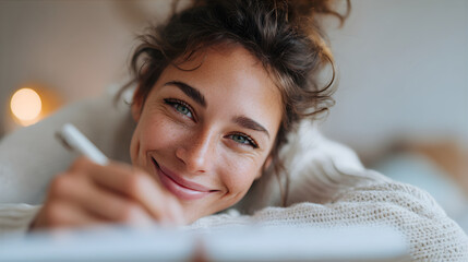 Smiling woman writes in notebook with pen. Content writer making notes. Diary and journal concept for personal growth.
