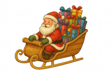 Santa claus driving a sleigh filled with christmas gifts, delivering presents during holiday season, festive illustration, transparent background